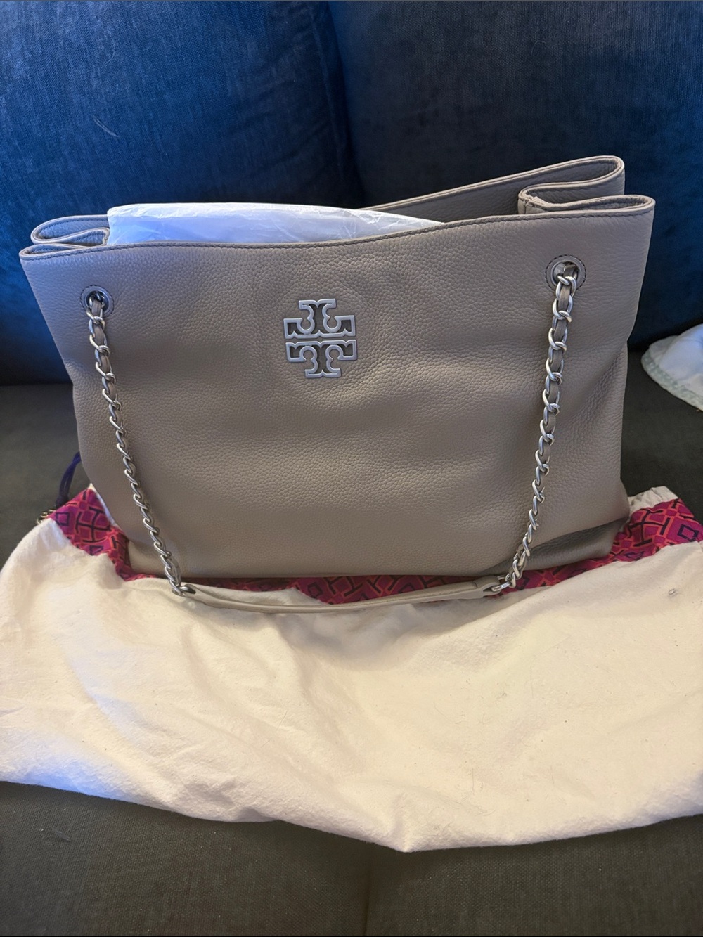 Tory Burch Pebbled Leather Chain-Handle Tote in Taupe